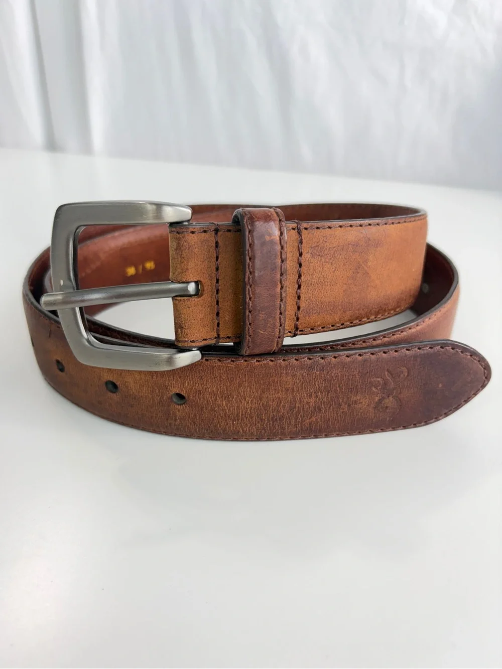 Vintage Browning brown leather belt textile green camo inlay silver logo sz 38